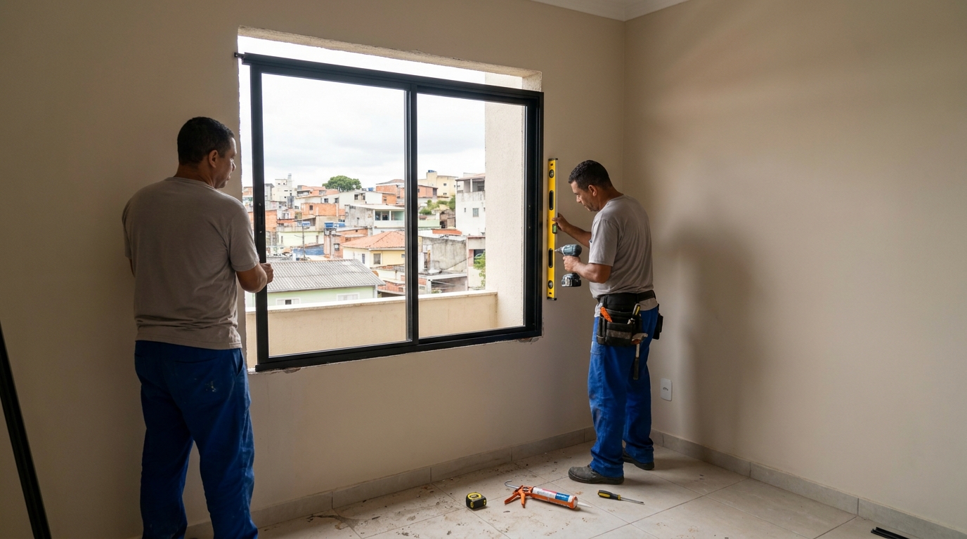 Esquadria de alumínio em quarto bege em Petrópolis-RJ