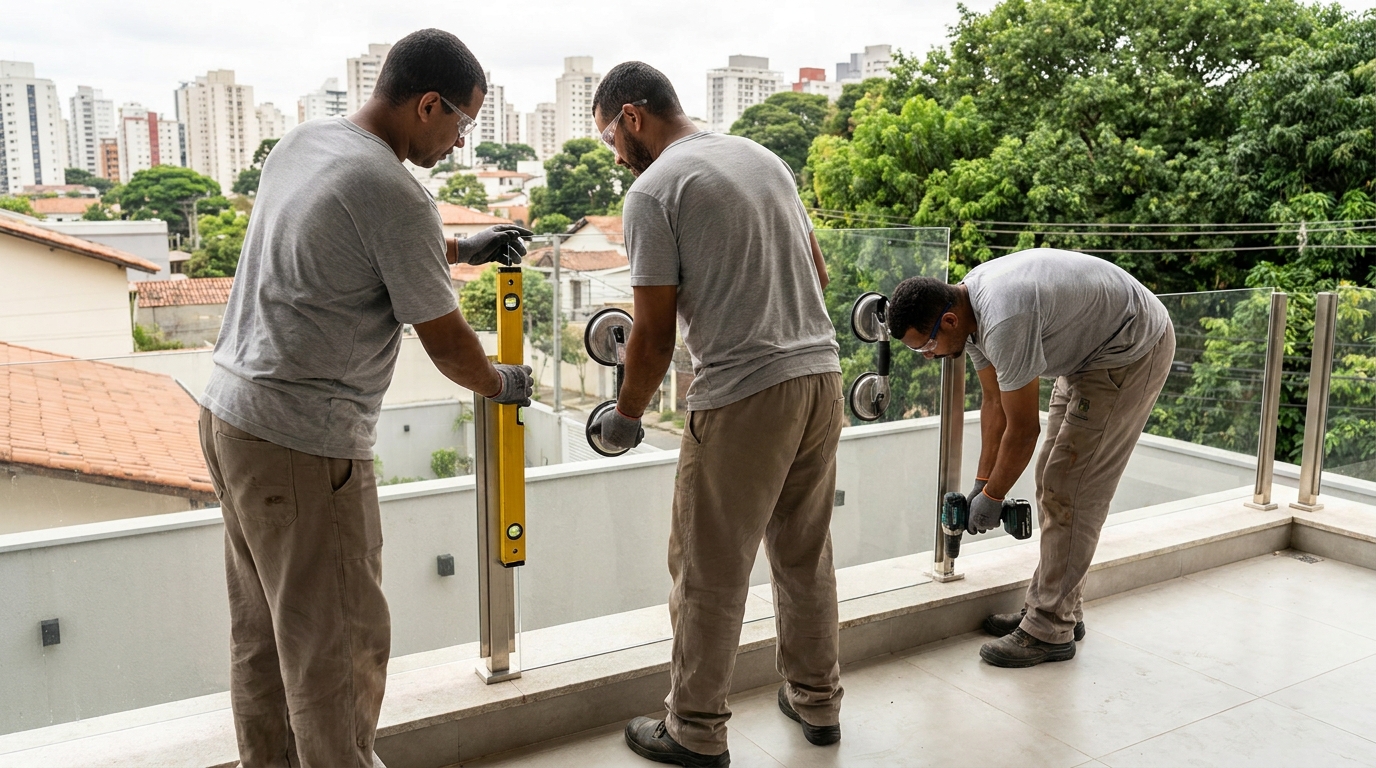Guarda-corpo em terraço alto com vista cidade em Petrópolis-RJ
